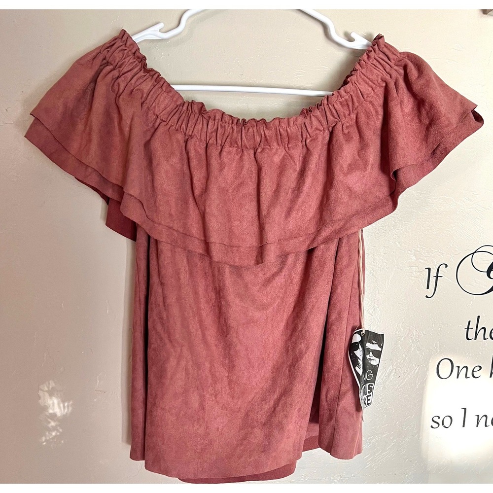 Young Fabulous & Broke Dusty Rose Faux Suede Off Shoulder Ruffle Top Small NWT - Picture 1 of 7